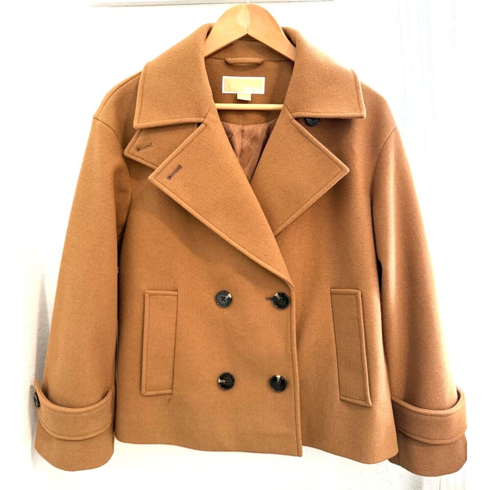 Michael Kors Pea Coat Camel D Breasted Lined Pockets Minimalist  LT Academia  Sm